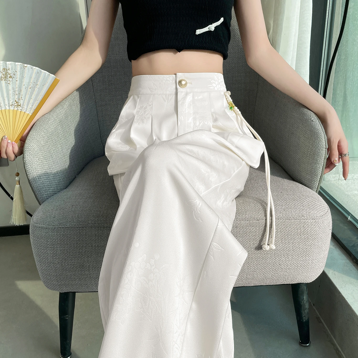 Chinese Pants Women Office Casual Elegant Empire Loose Minimalist Pure Korean Style Trouser Ladies Summer Design Basic Ice Slik