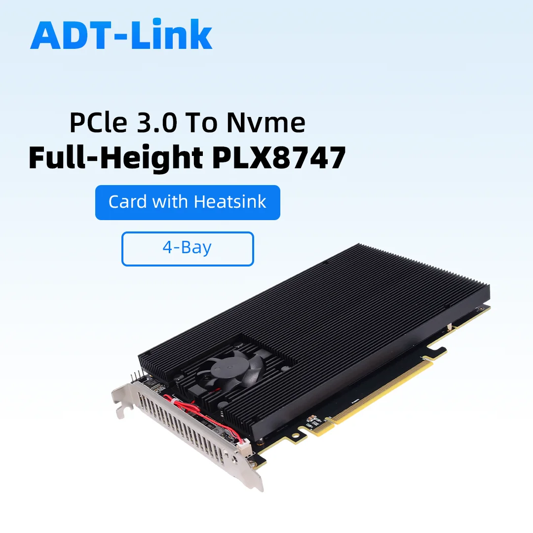 ADT PCIe 3.0 To NVME 4-Bay Expansion Card, M.2 PLX8747 Silent Full/Half Height GPU Heatsink Cooler No Disassembly Supports FN