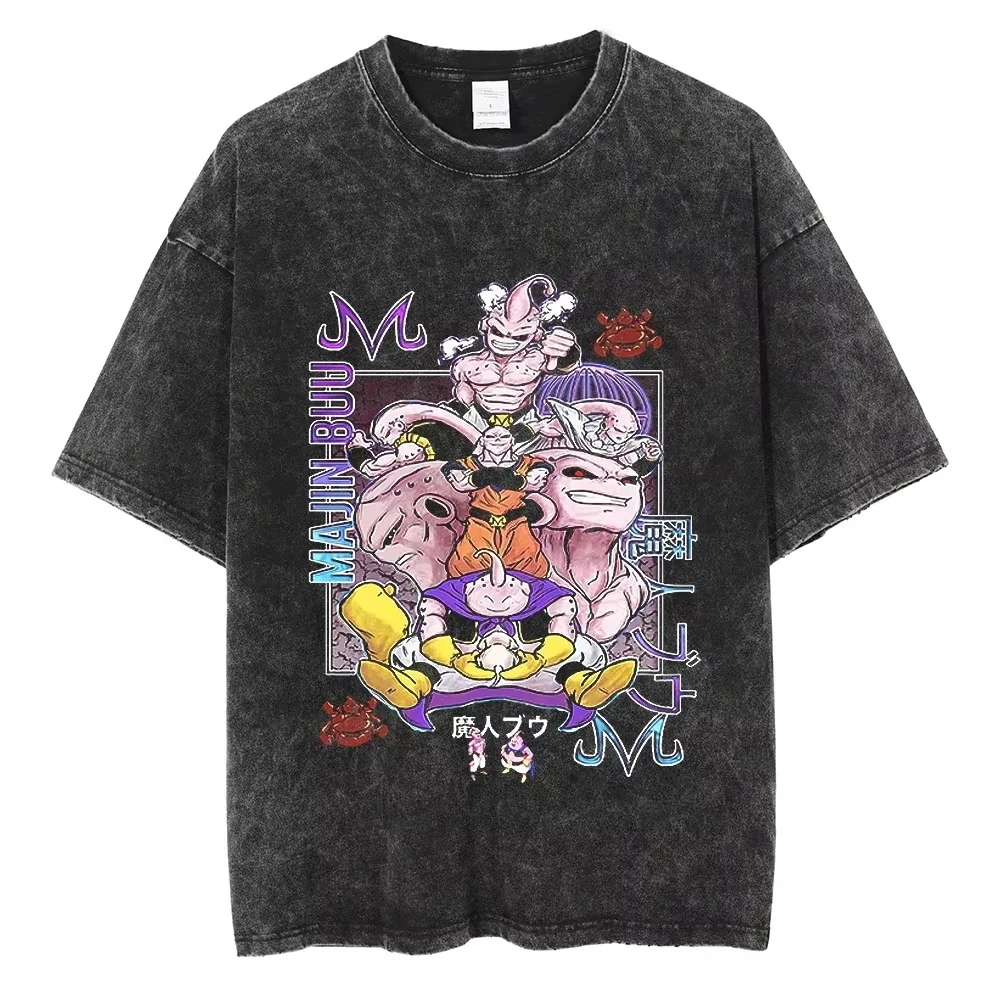 Camiseta de anime lavada Dragon Ball Majin Buu, camiseta retro de algodón de hip-hop para hombres, ropa de calle antigua, top unisex de manga corta de gran tamaño para mujeres Y2k