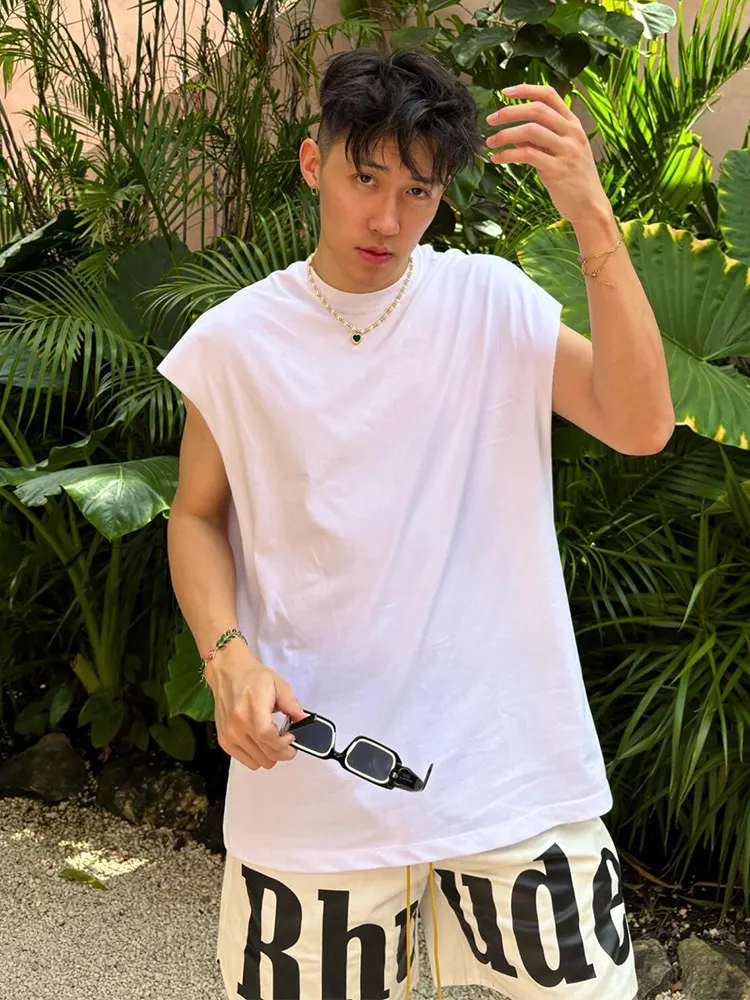 White Heavyweight Sleeveless Tank Top T-Shirt Men Summer Small Collar Shoulder Pad Sports Fitness Sweatshirt Casual Loose Fit