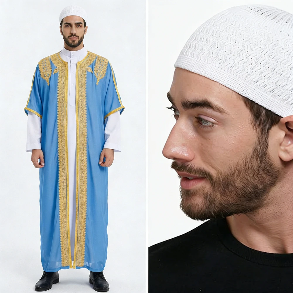 

Muslim Men Jubba Thobe Ramadan Abaya Kimono Dress With Hat Turkey Dubai Saudi Islam Clothing Prayer Caftan Djellaba Dishdasha