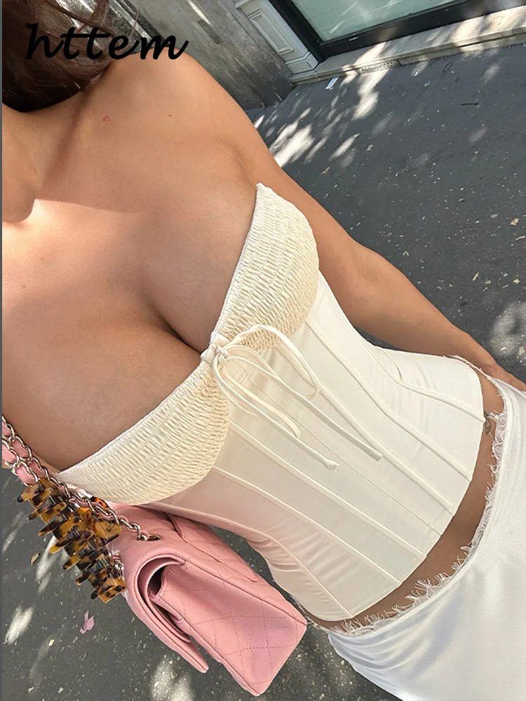 

Sexy Lace Up Fishbone Vest Skirts Sets Women Solid Strapless Sleeveless Bandage Tops Mini Hip Package Skirt 2025 Summer Lady Set