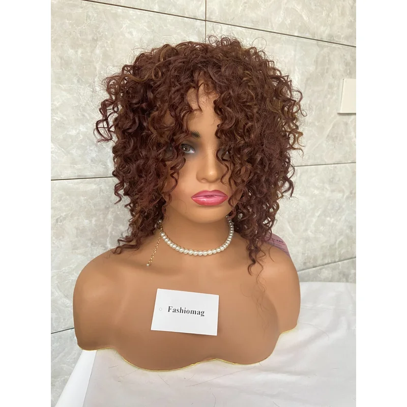 Afro Kinky CurlyAuburn Mix Brown Synthetic Hair Wig Women Soft Natural Daily Use