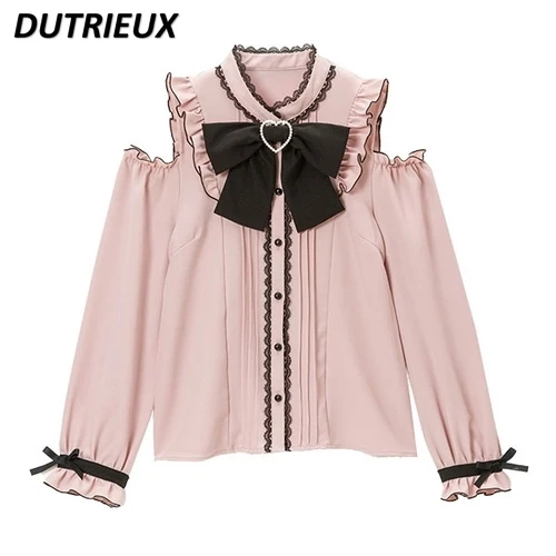 Elegant Women Blouses Shirt Japanese Lolita Clothing 2023 New Off-the-Shoulder Long Dleeve Love Heart Shirts Top Blusa Femininas