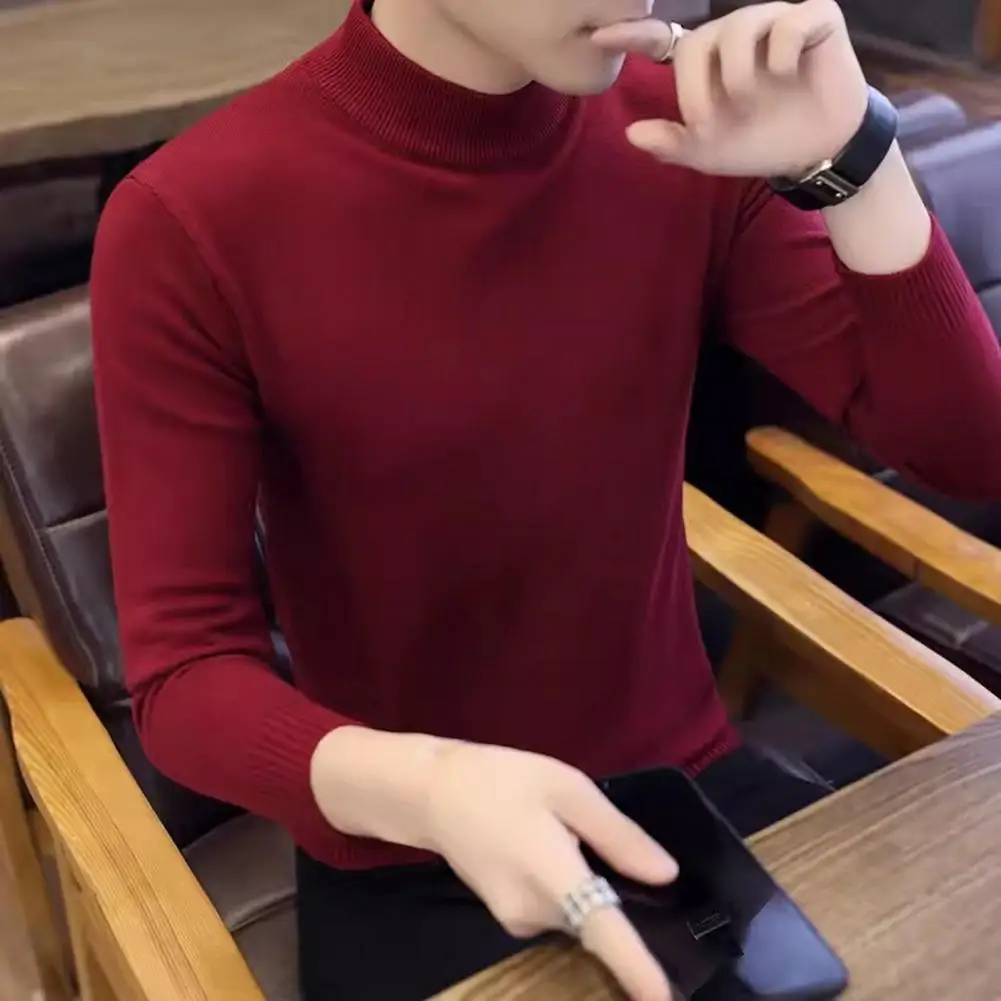 

Ribbed Cuffs Sweater Men's Half-high Collar Knit Sweater with Plush Lining Slim Fit Design for Fall Winter Daily Wear Warm Solid