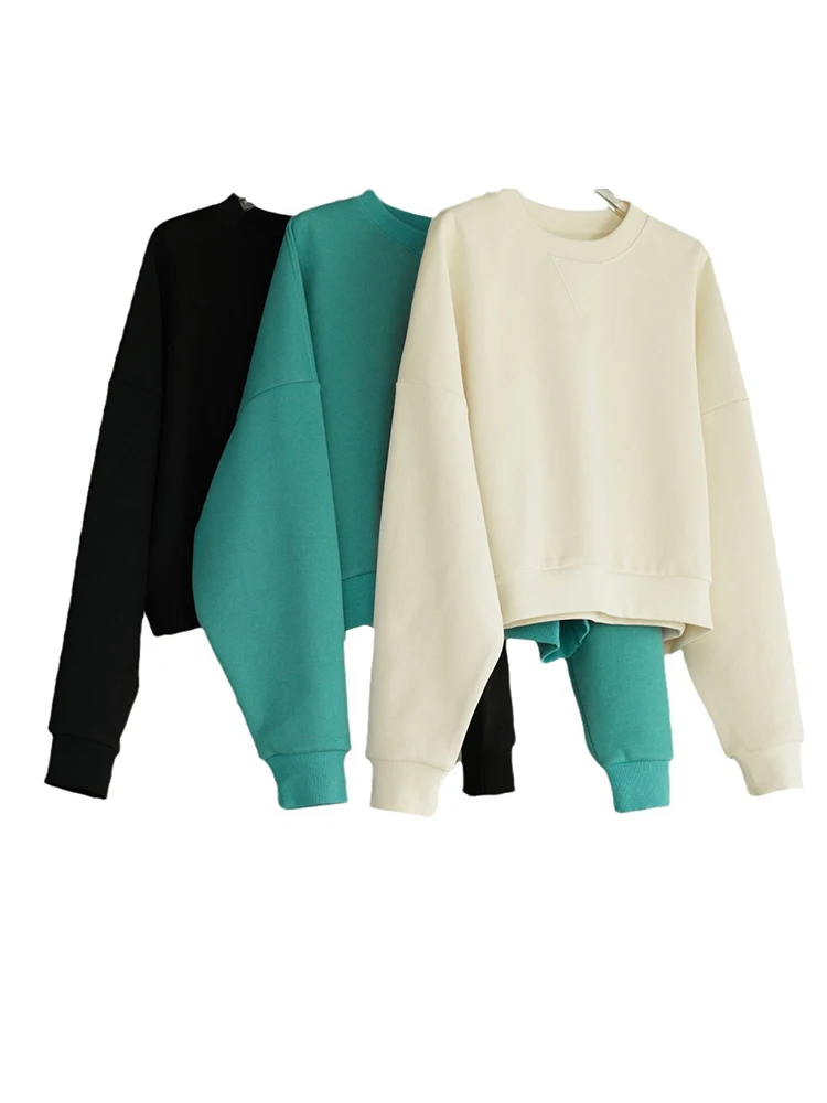 LANMREM Minimalism Pullover Sweatshirt For Women Solid Round Neck Long Sleeve Office Lady Loose Tops 2024 Autumn New 26C489