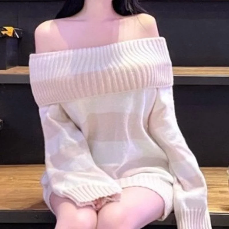 Unique Romantic Pure Desire Shoulder Bared Color Block Striped Butt Covering Knitted Sweater for Women Commute Style Long Sleeve