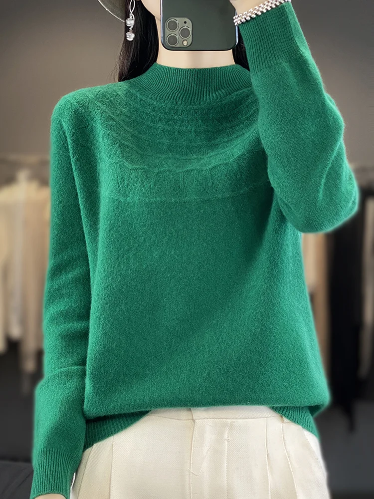 Autumn Winter Women's 100% Merino Wool Sweater Mock-Neck Pullover First Line Seamless Basic Casual Top Hollow out Women Clothing