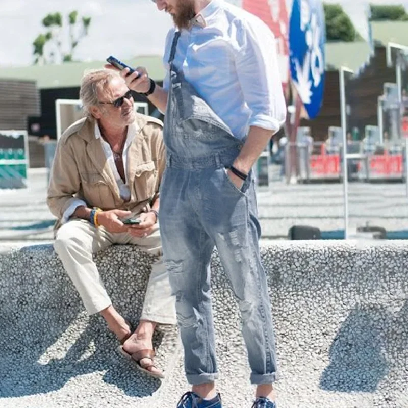 Men Vintage Suspenders Jeans Overalls Washed Denim Pencil Ankle Length One Piece Hole Distressed Pockets Casual Spliced Ripped