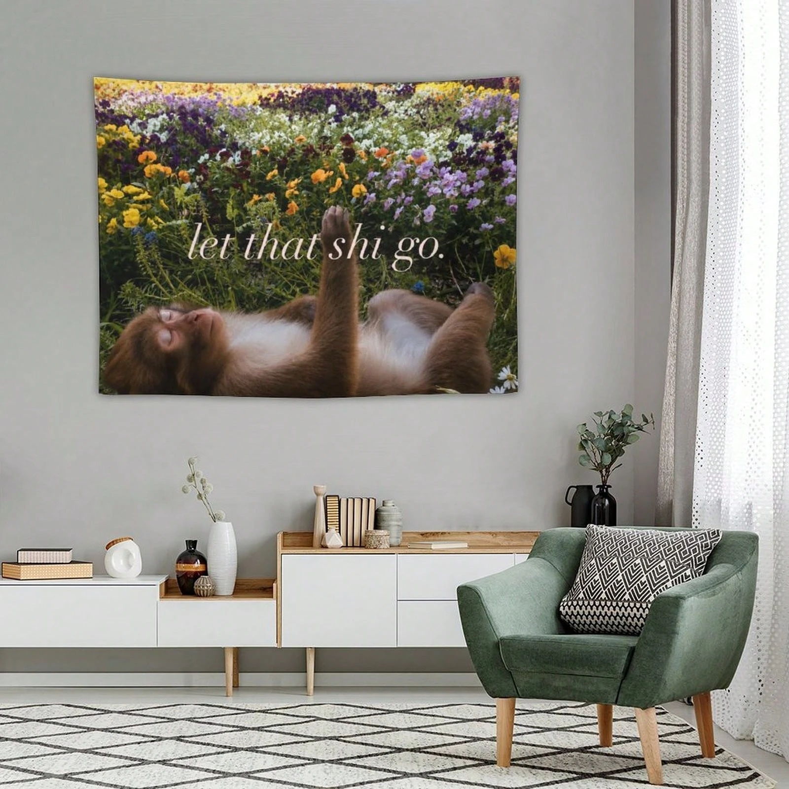 1pc Funny Monkey Tapestry, Let That Shi Go Quote Wall Hanging, Polyester 2D Print Tapestry, for Bedroom Living Room Dorm Home De
