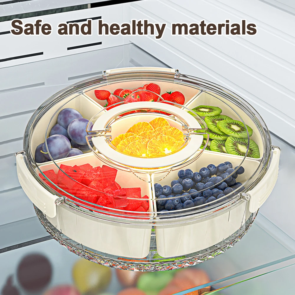 Snack Container with Lid 360 Rotating Snack Box 6 Grids Serving Tray Fruit Food Container for Picnic Kitchen Fridge Storage Box