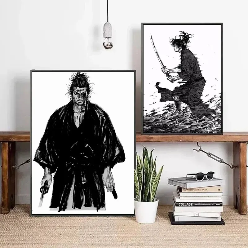 Samurai Black and White Miyamoto Musashi Retro Vagabond Inoue Takehiko Character Canvas Japanese Anime Manga Posters Home Decor