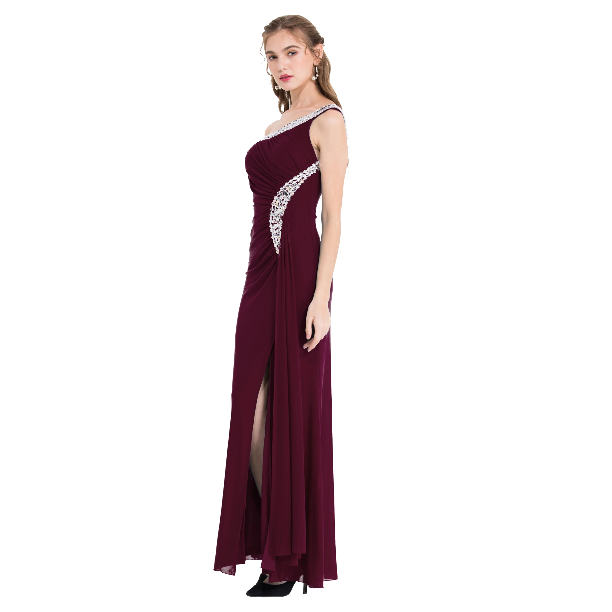 Wedding Guest Gown Angel-fashions One Shoulder Split Evening Dress Long Pleated Beading Formal Party Gown Wine Red 411