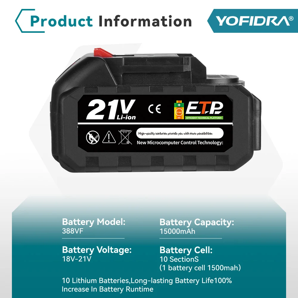 YOFIDRA 928VF 22500mAh Wiederaufladbare Lithium-Ionen Batterie 388VF 15000mAh 128VF Li-Ion Batterie Für Elektrische Arbeit Power Tool – Detail 10