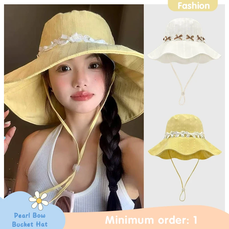 Spring and Summer Version of Sweet and Fresh Pearl Bow Fisherman Hat for Women All-match Small Sunshade Sun Protection Basin Hat