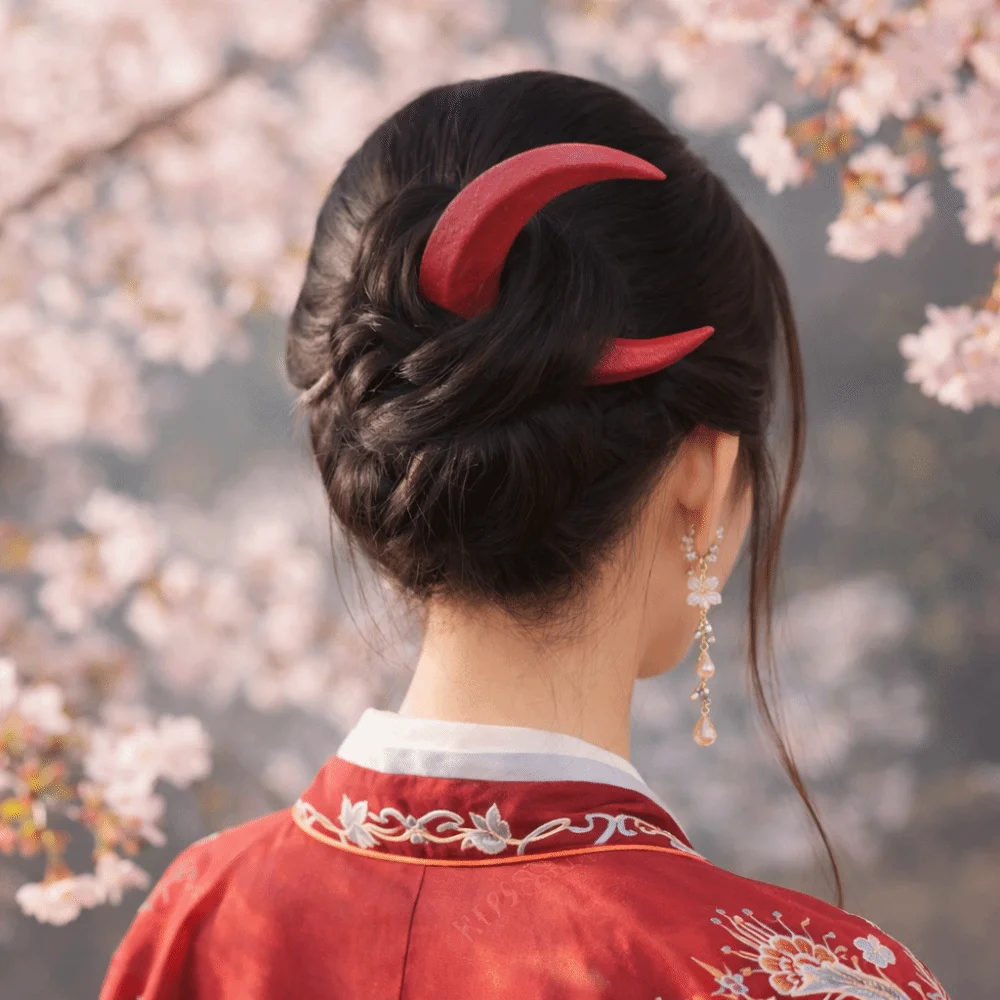 

Elegant Crescent Hair Fork Handcarved Solid Wooden Half-Moon Hairpin Hanfu Chinese Style Handcrafted Hair Stick Accessory