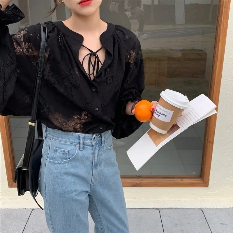 Vintage Hook Hollow Flower Blouse Women Fashion with Lace Casual Loose Lantern Sleeve Shirt Female Lace-up Black Tops Elegant