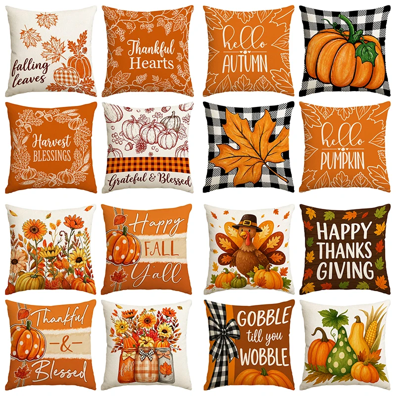 4pcs Autumn Harvest Thanksgiving Pillow Cover Pumpkin Maple Leaf Pattern Pillowcase Thanksgiving Decoration (No Pillow Core)