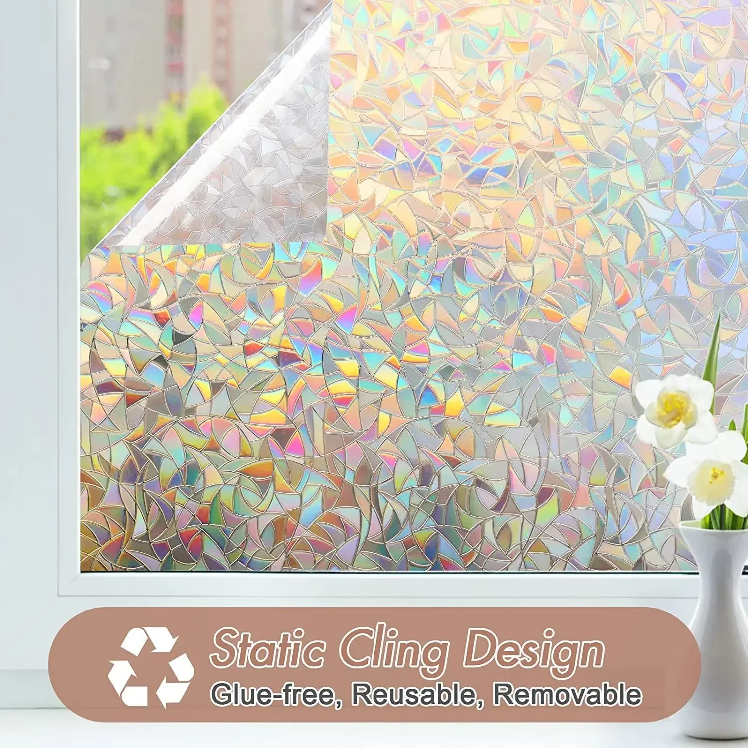 Window Privacy Film Rainbow Static Cling Stained Glass Film Window Covering Sticker Non-Adhesive Removable Reflective for Home