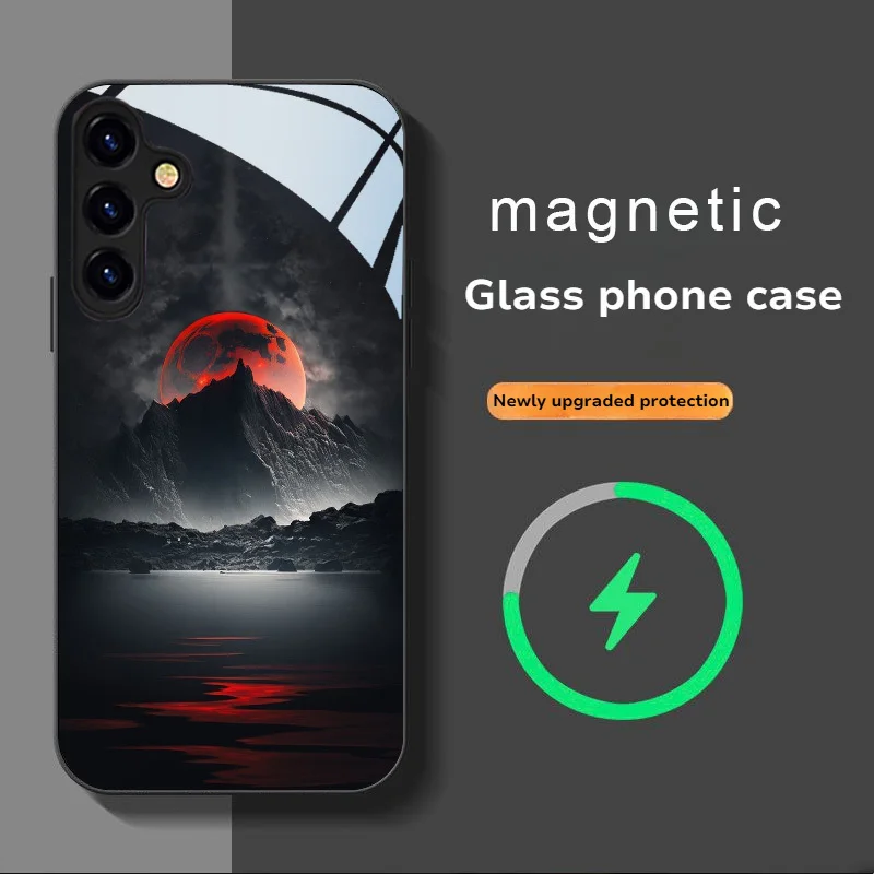 Red sun pattern magnetic glass phone case suitable for Samsung Galaxy S26 S25 S24 S23 S22 S21 S20 FE/Ultra/Plus anti drop