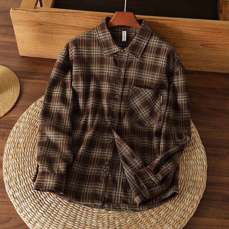 Men American Vintage Tartan Plaid Long Sleeve Shirt Loose Lapel Collar Workwear Layering Casual Daily Fall Outerwear