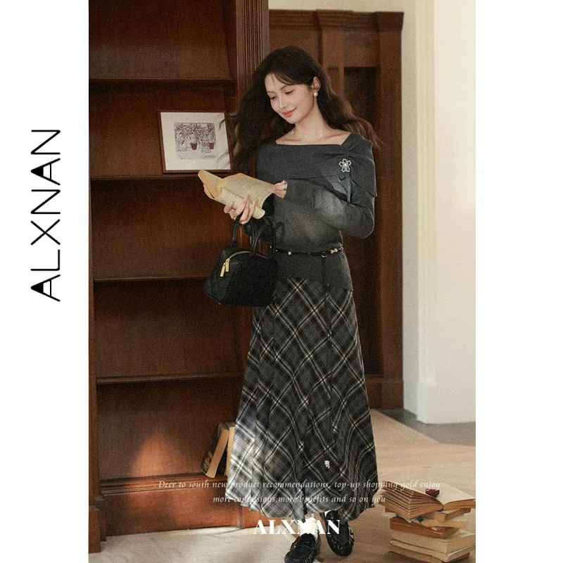ALXNAN Plaid Skirt Women Autumn High Waist Casual A‑line Big Swing Check Skirt 2026 Vintage Elegant Female Clothing L67762