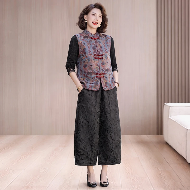 New Chinese Style Autumn Vintage Wide Leg Pants Women's Fashionable Vest Base Shirt Three Piece Set Floral Bloom Bottoms