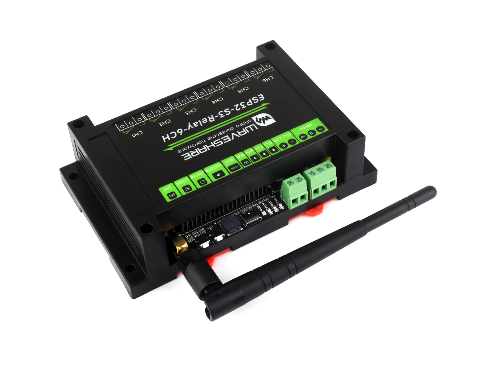 ESP32-S3-Relay-6CH,Industrial 6-Channel ESP32-S3 WiFi Relay Module, Supports WiFi / Bluetooth / RS485 Control, Rail-Mount Case