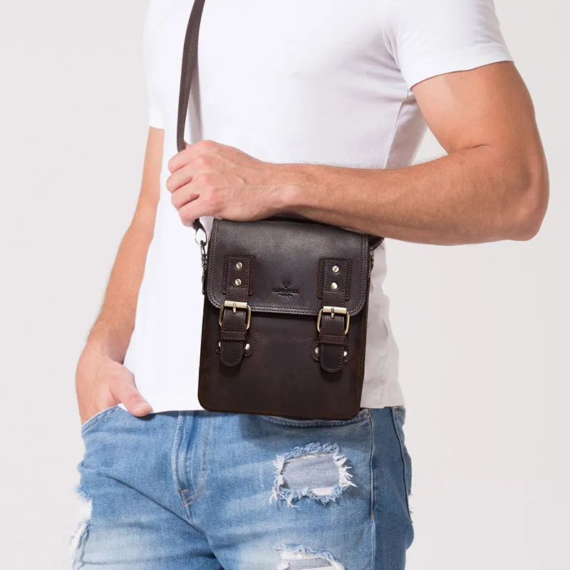 Genuine Leather Shoulder Bag Top Layer Crazy Horse Cowhide Men'S Vintage Tote Handbag Messenger Crossbody Side Portable Side Bag