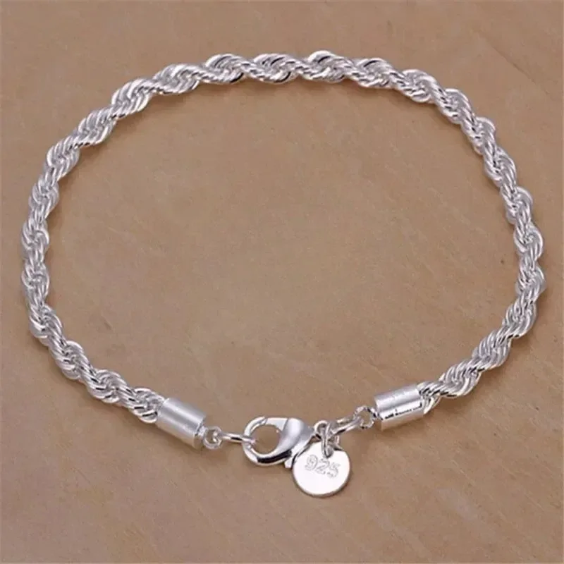 

925 Sterling Silver Bracelet 4mm20cm Flat Side Chain Lobster Clasp For Woman Man Wedding Engagement Jewelry