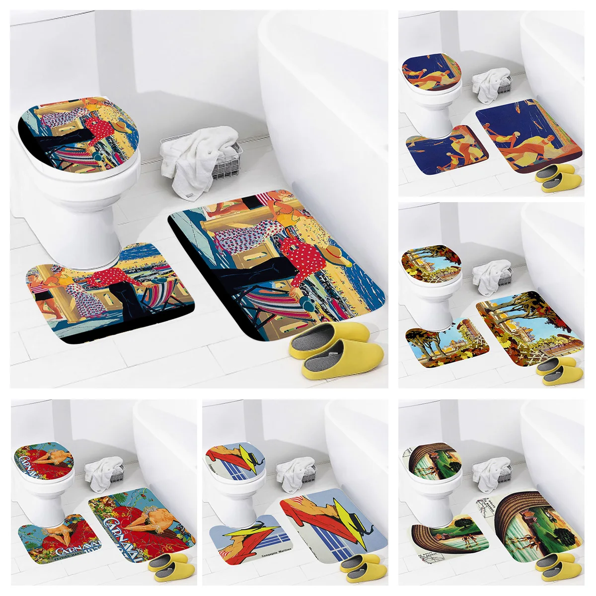 

3pc Bathroom Anti-Slip Mat Toilet Mat Combination American Style Retro Floor Mat Toilet Bathroom Decoration Accessories