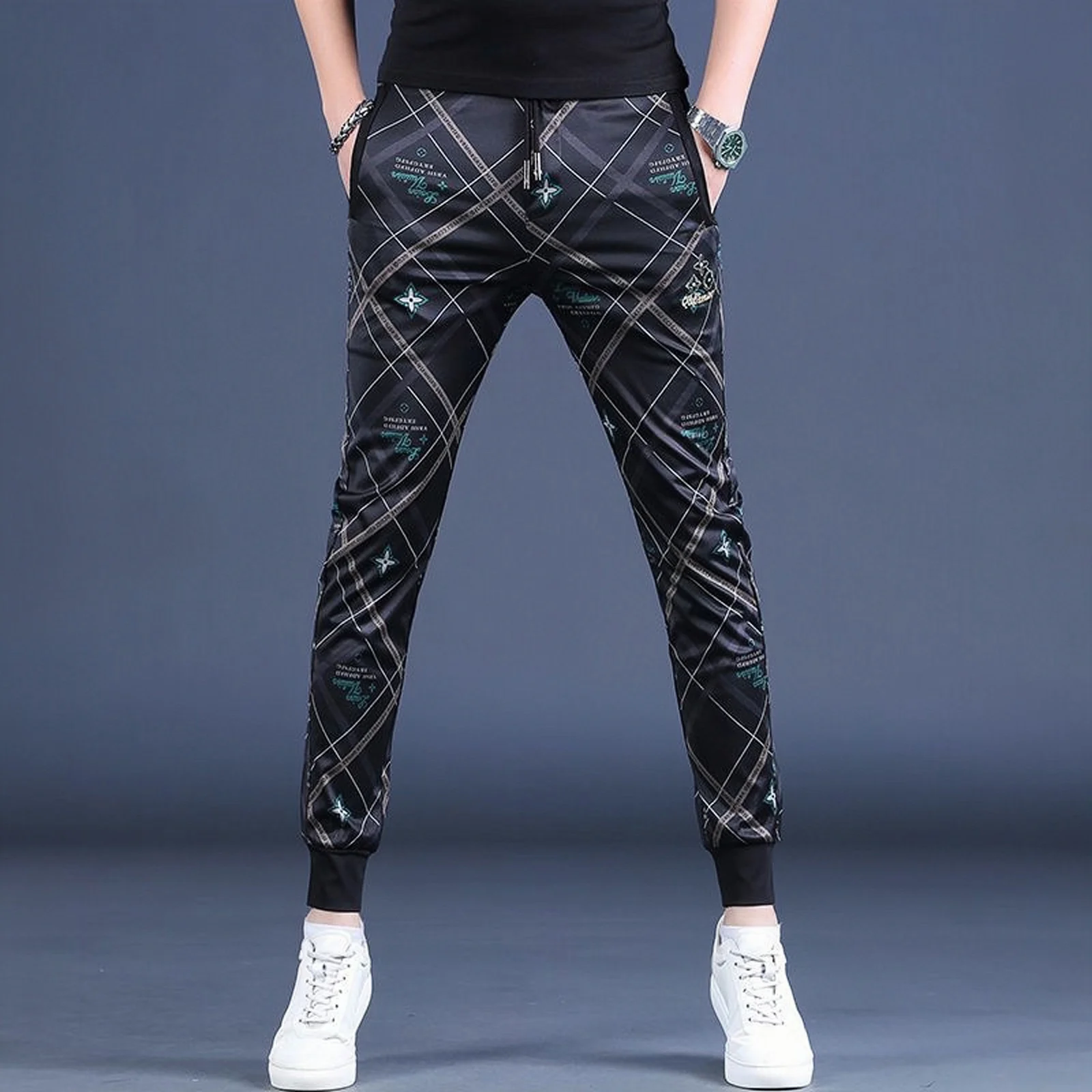 

Мужские повседневные брюки с принтом на осень-зиму, эластичные, на флисовой подкладке, облегающие, спортивные, молодежные, модные, из полиэфирного волокна