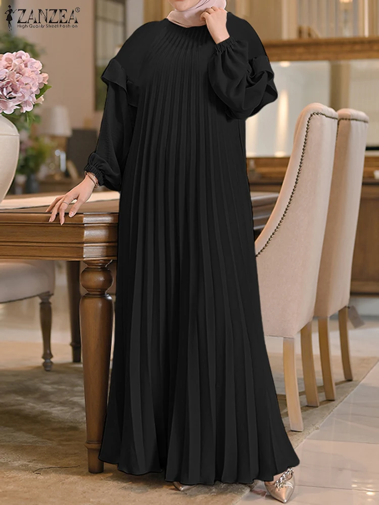 

ZANZEA модное мусульманское платье Абая, весеннее исламское платье с длинными рукавами, однотонное плиссированное длинное платье, женский осенний сарафан, Дубай, Vestidos