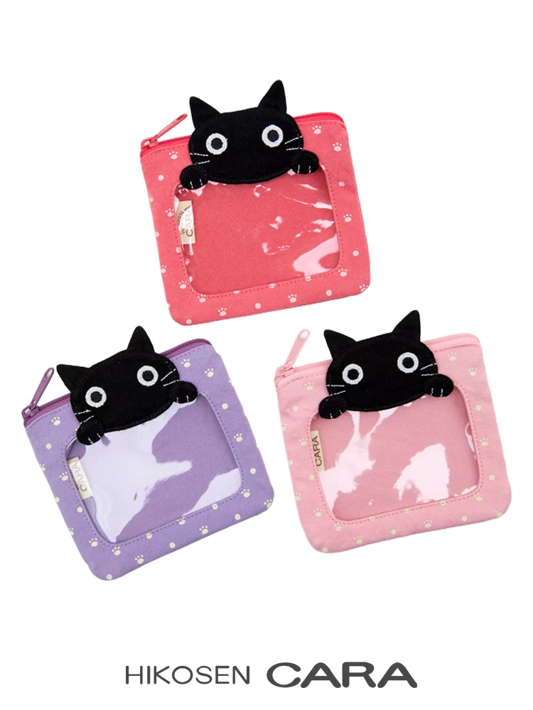 ミニ水玉猫キャンバス小銭入れカードホルダー女性のかわいい収納バッグ-hikosencara-韓国スタイルスクエアジッパー財布