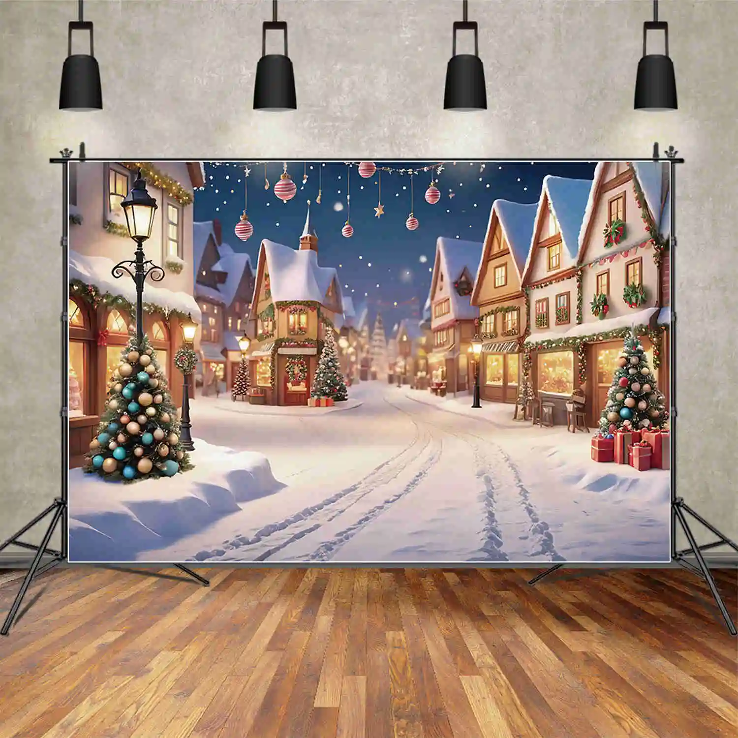 MOON.QG 2024 Christmas Winter Village Street Photography Backdrop Child Xmas New Year Photo Background Studio Photobooth Props