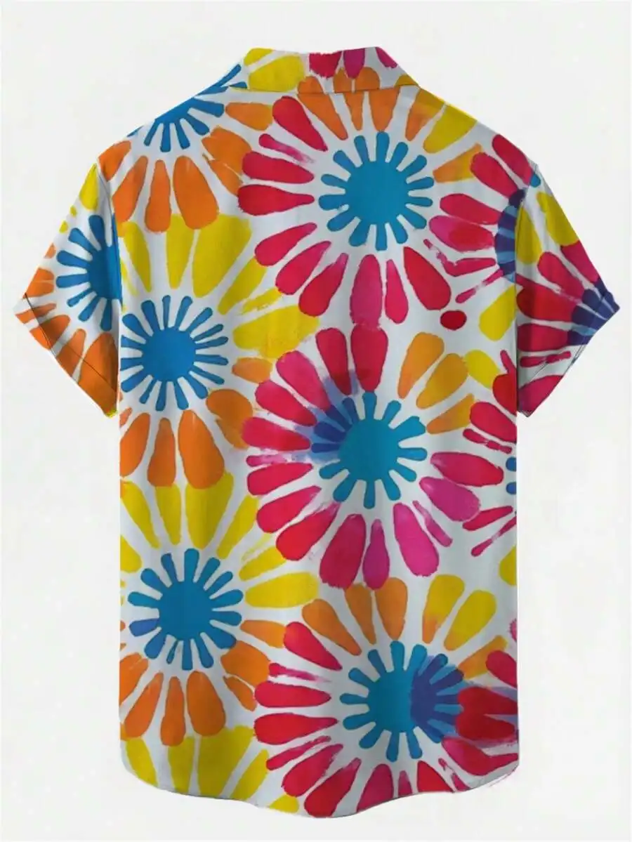 

Mens Hawaiian Shirt With Bright Abstract Sunburst Floral Print Lightweight Summer Beachwear