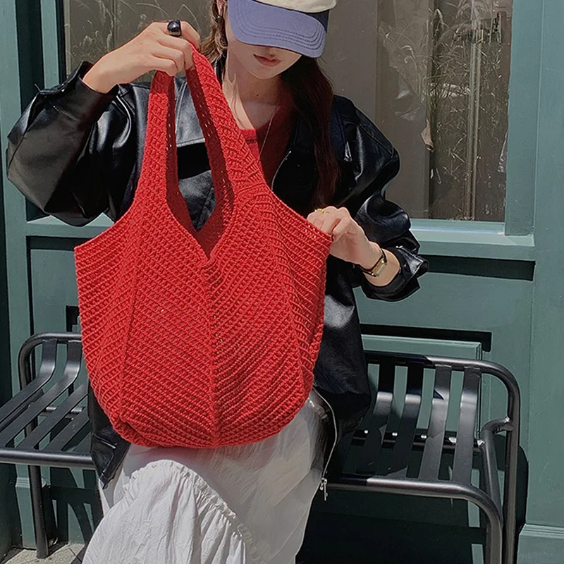 Modische Häkel-Tragetasche für Damen, Sommer-Strand-Strohhandtasche, große Kapazität, hohle, gestrickte Taschen, böhmische gewebte Umhängetasche