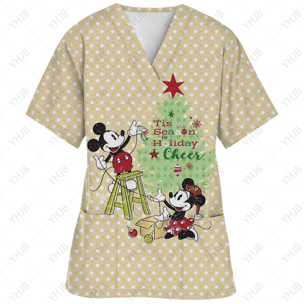 Christmas Mickey Mouse Nurse Uniform Frosted Top Women\'s Christmas Cartoon Elk Print Short Sleeve Pocket Bodysuit Uniform Medica