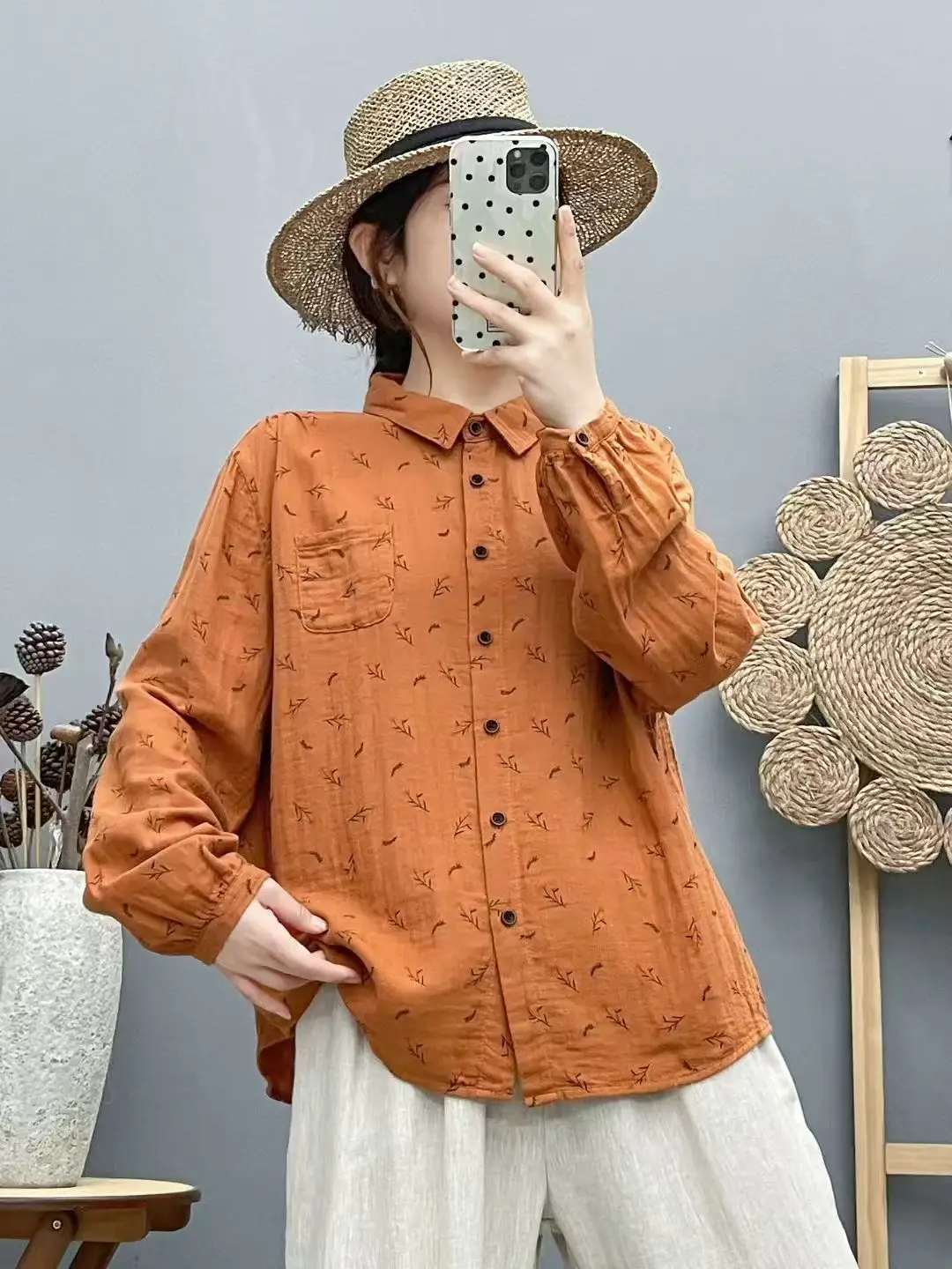 جديد 2025 قميص خريفي بأكمام طويلة من غزل القطن ، طباعة ياقة مقلوبة للسيدات ، بلوزة فضفاضة أنيقة من Mori Girl Sweet Prairie T58022CC