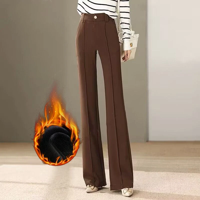 

2023 Women Autumn Winter New Solid Color Flare Pants Female High Waist Trousers Ladies Thick Warm Casual Bell-bottoms Pants O589