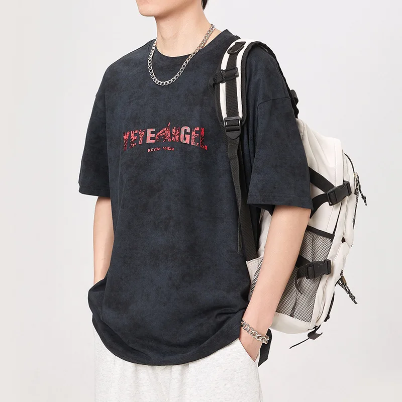 Korean fashion street T-shirt men's summer loose elastic hip hop print casual all-matching teen's top