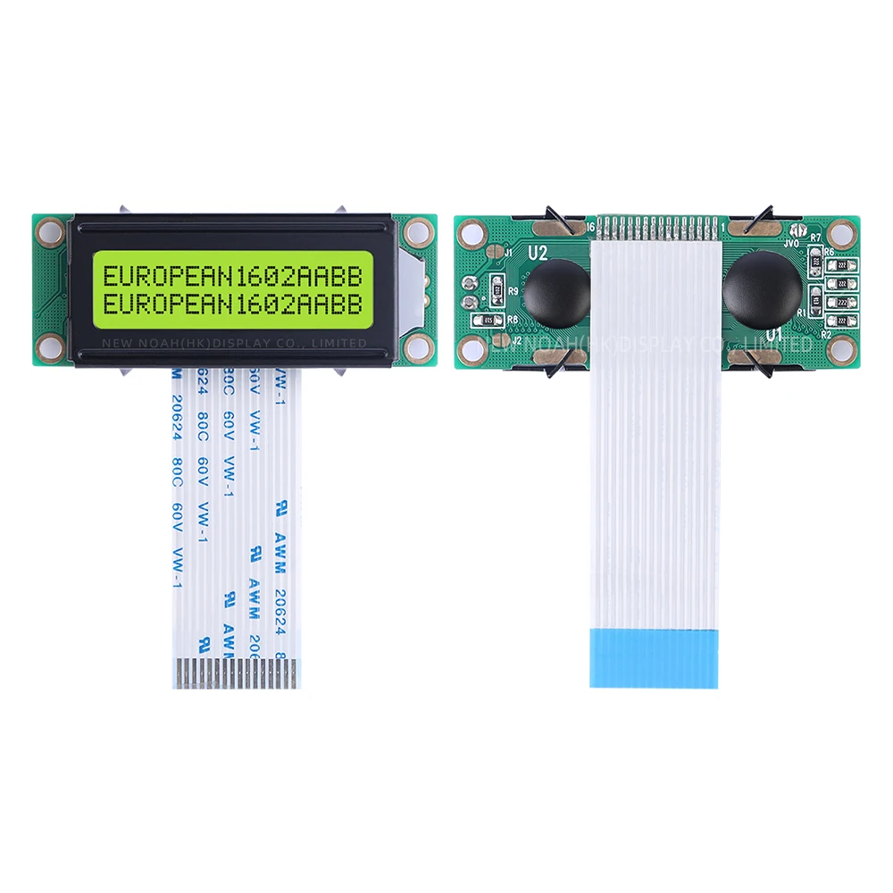 Módulo LCD de caracteres de película verde amarilla europea 1602A-20-2A 02*16 LCD 1,5 pulgadas 16 pines FPC75MM ST7066U módulo multilingüe