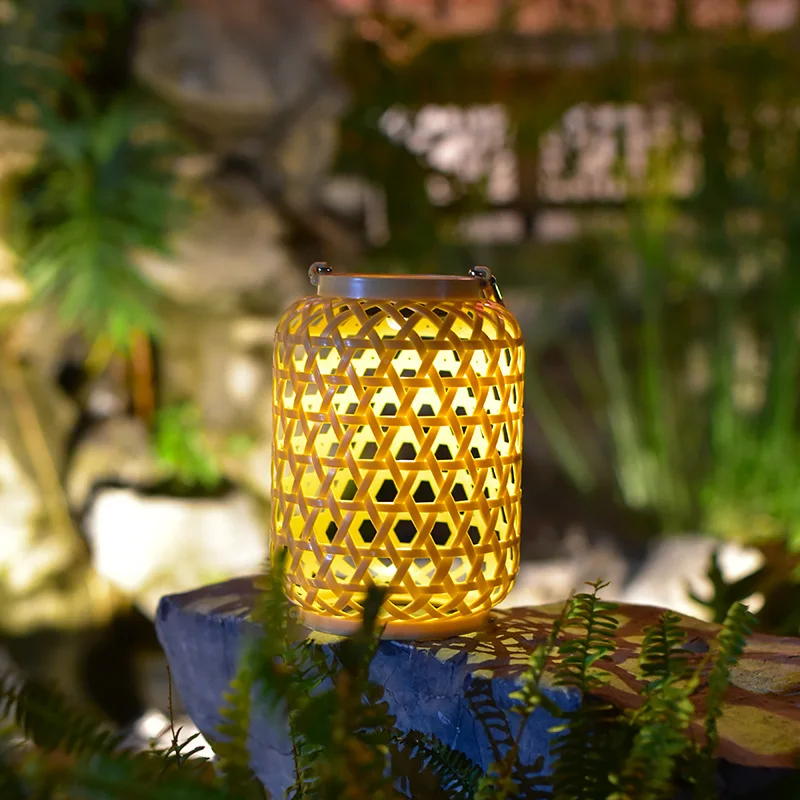 New Solar Garden Decorative Lamp Imitation Bamboo Lantern Chinese Style Outdoor Waterproof Garden Decorative Rattan Lamp
