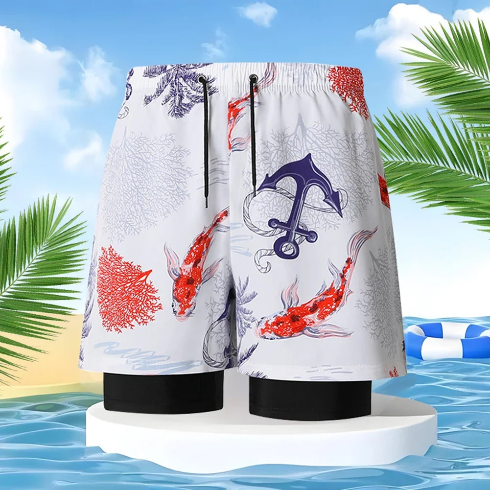 Men Anti Awkward Swim Trunks Beach Shorts Double-Layer Loose Flat Angle Shorts Men's Clothing