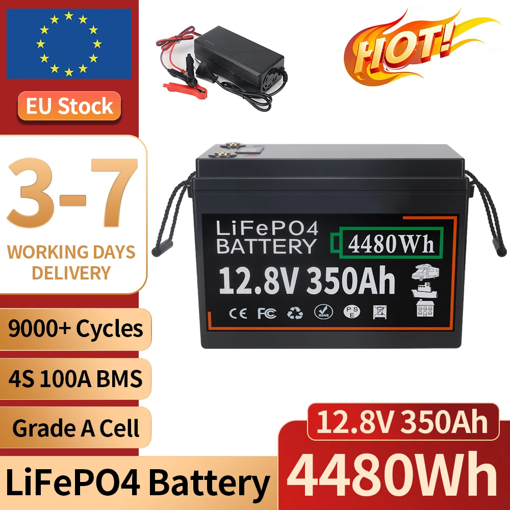 12V 150Ah 300Ah 350Ah LiFePO4 Batterie Klasse A 9000 Zyklen Eingebautes 100A BMS Wiederaufladbares Zellenpaket für Solar RV EV Boot EU-Lagerbestand