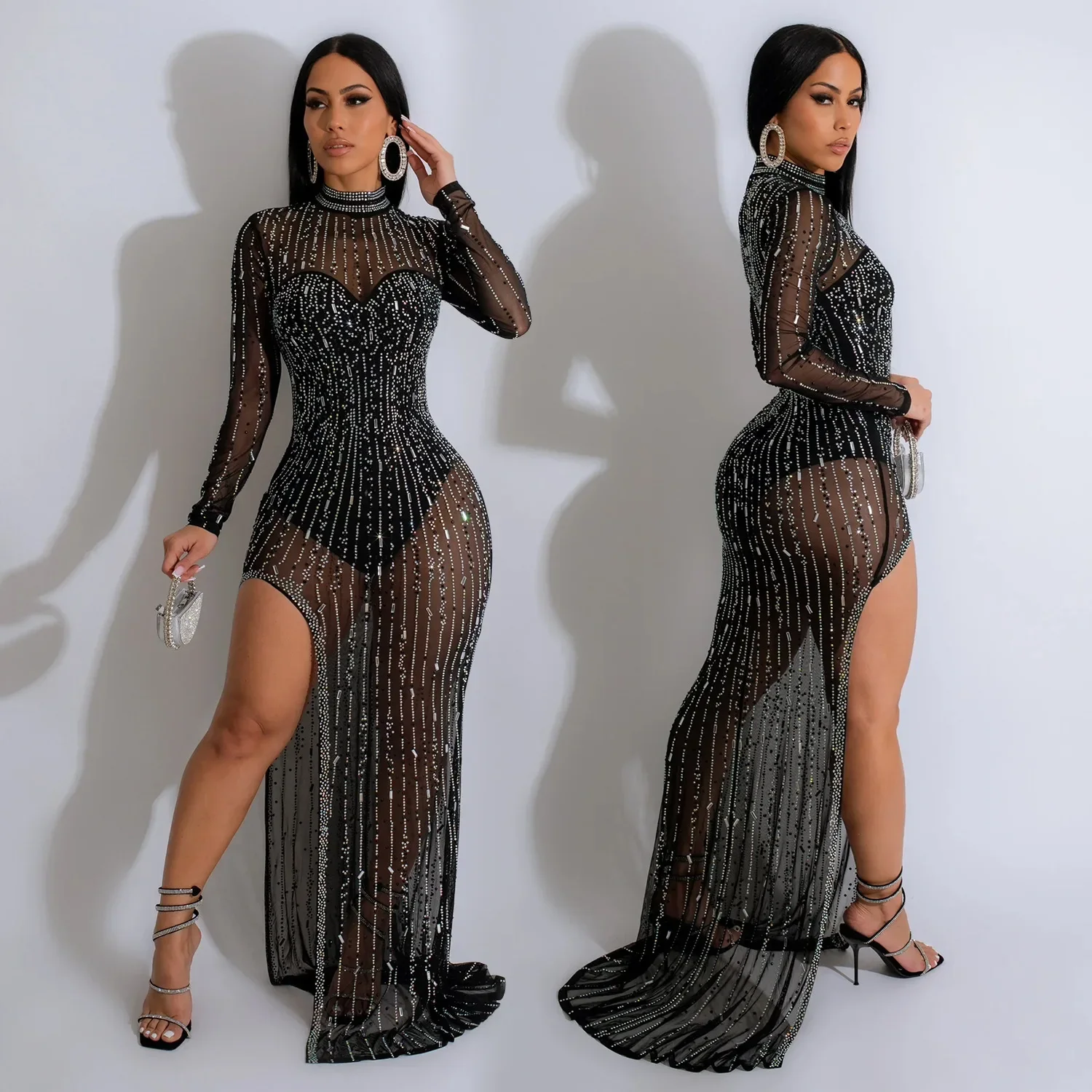 

Women Fashion Diamonds Hot Rhinestones Mesh See Though Slit Maxi Dress 2024 Long Sleeve O-neck Evening Club Long Dresses