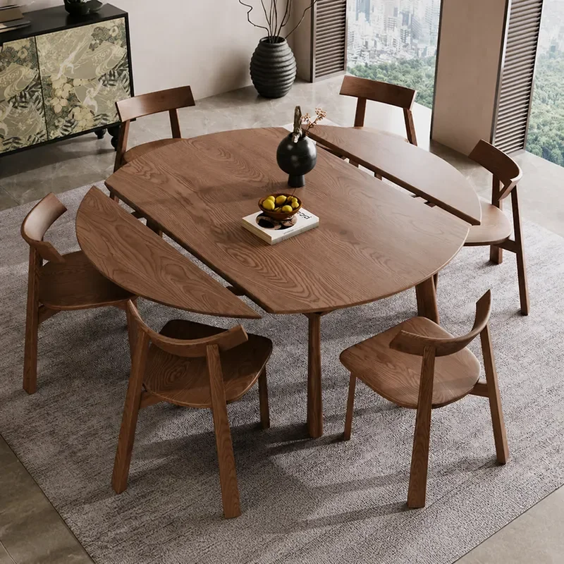 Medieval Style Solid Ash Wood Retractable Dining Table Variable Round Folding Table for Living Room Small Apartment Household