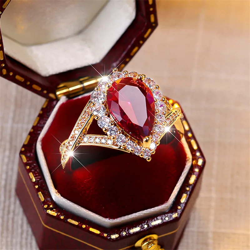 Anillo de compromiso de piedra de circón de gota de agua roja para mujer, Color dorado, joyería de boda para novia, regalo de lujo