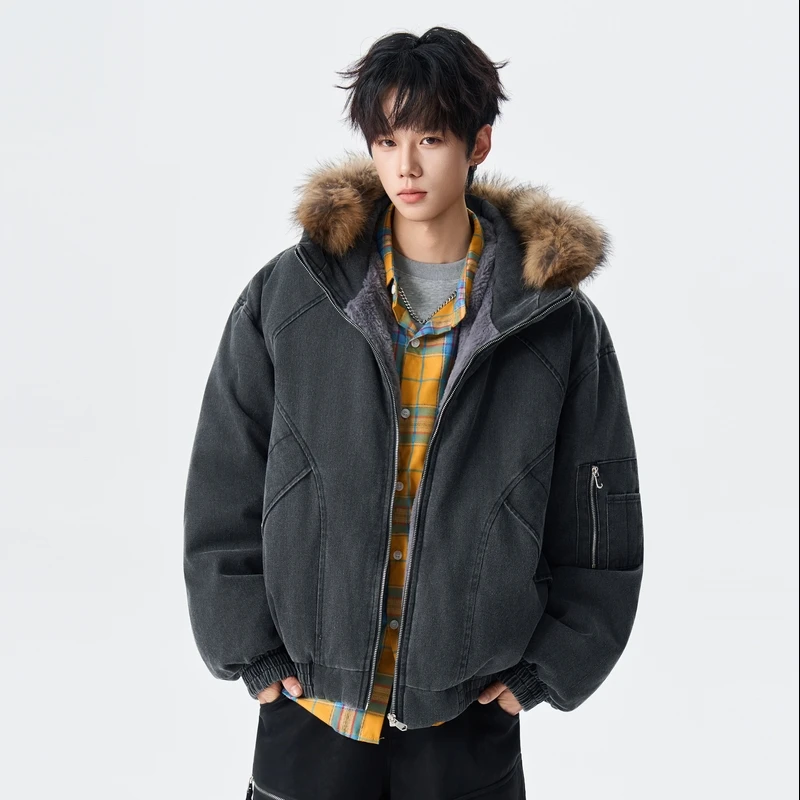 

JXAETE American Retro Hooded Plu down Jaet Men's Women's Winter Cleanfit Design Sense Outerwear Polyester Fiber Cotton