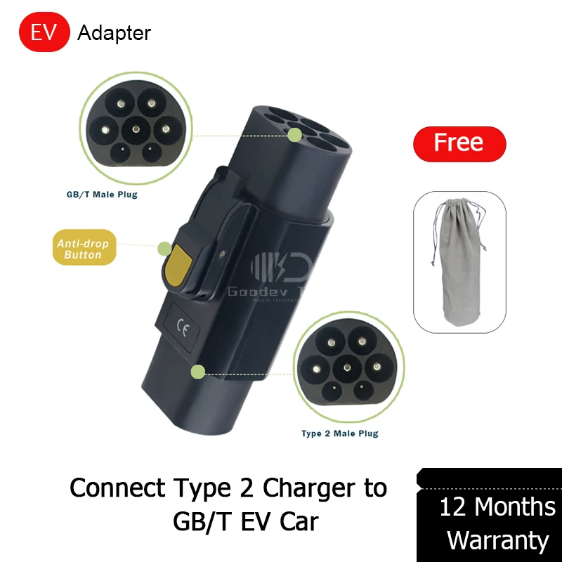 Electric Vehicle Charging Connector Type 2 to Type 1 J1772 Type 2 to GBT EV Adapter With Anti-Drop Button For EVSE Charging